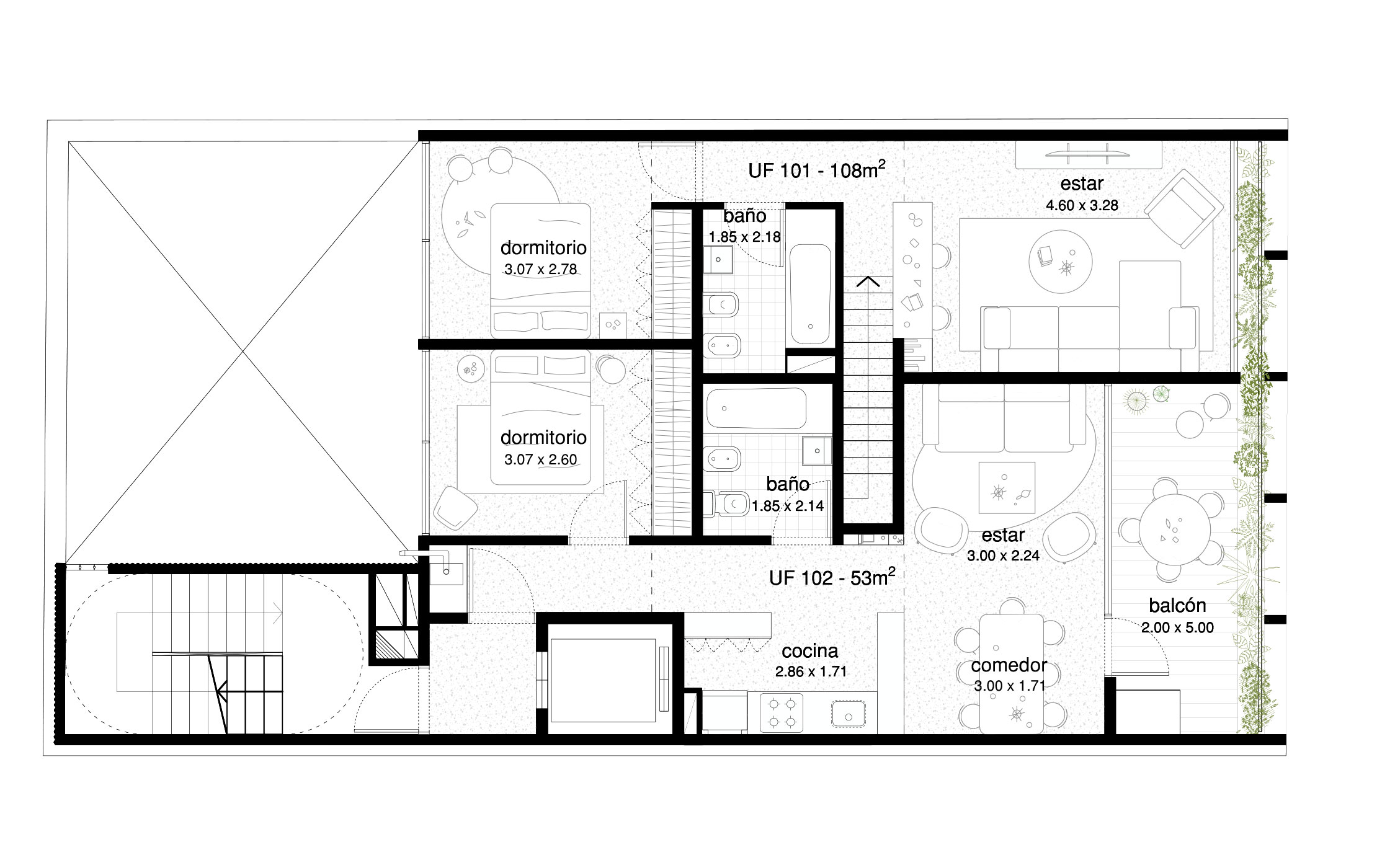 Una unidad tipo casa con jardín en planta baja. Al lado, un dos ambientes con cocina integrada y balcón aterrazado.
- - -
DISPONIBLE