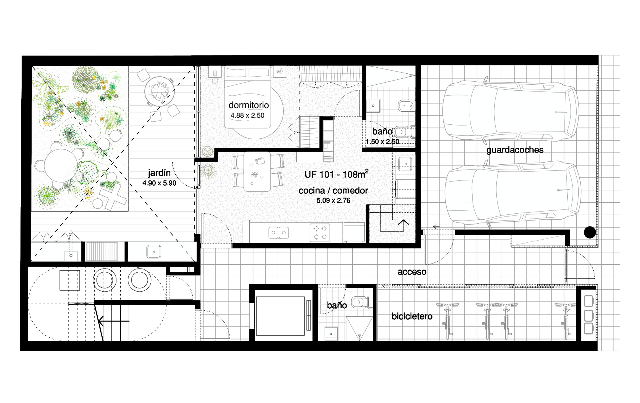 Tiene al frente dos cocheras, acceso peatonal y espacio guarda bicis para todas las unidades. También se organiza un PH con jardín, parrilla y vegetación autóctona.
- - -
DISPONIBLE