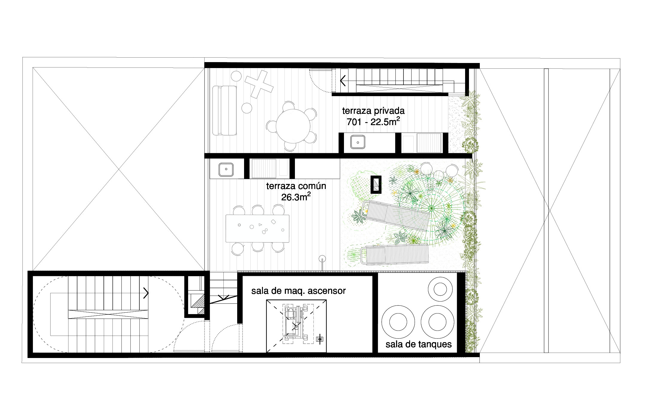 Es para uso común con quincho, deck, ducha, cubierta verde con pasto, plantas y un árbol, diseñado para pequeños eventos sociales.